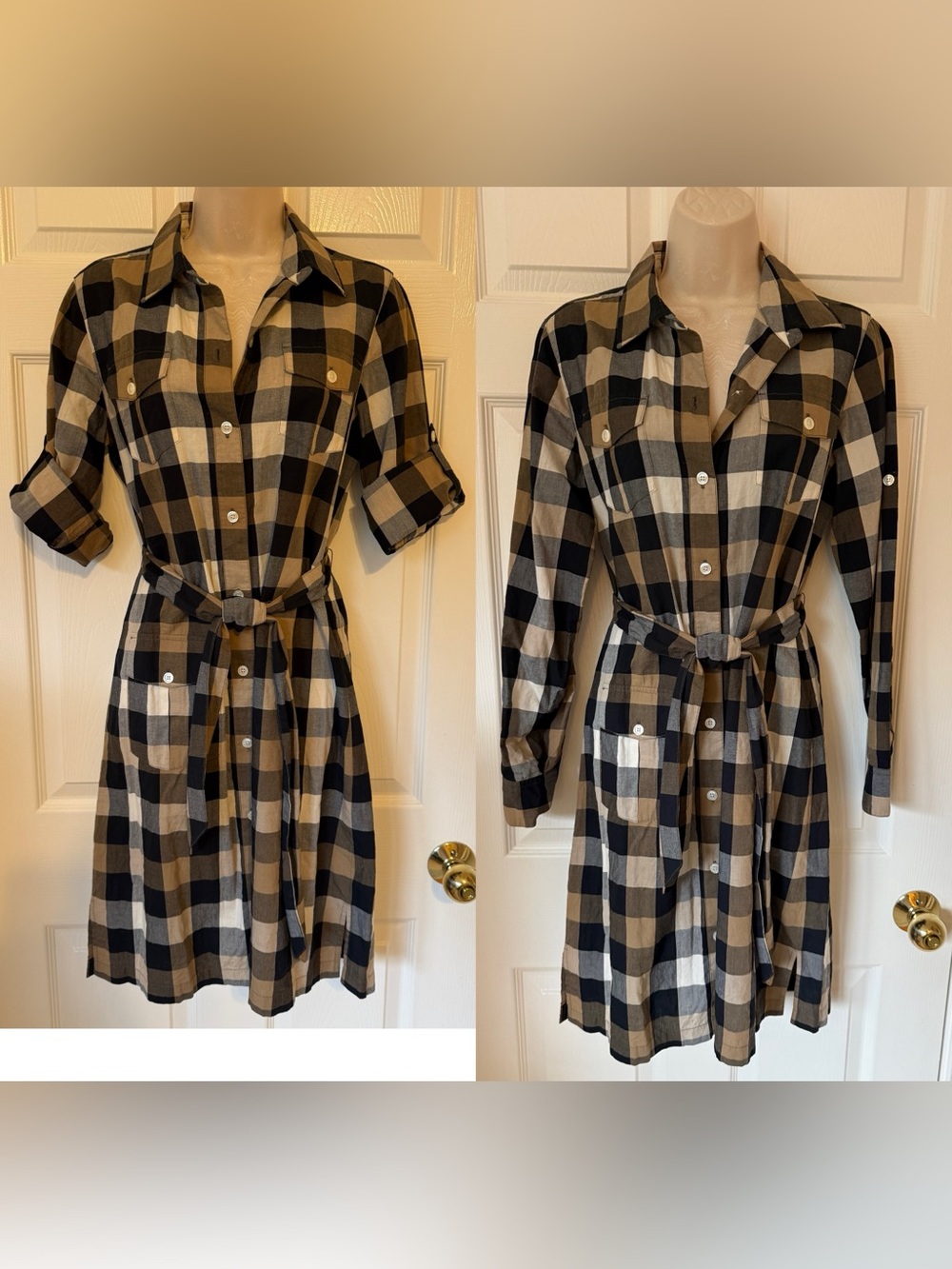 LL BEAN Signature Navy Cotton Plaid Roll Sleeve Camp Shirt Dress w/Pockets 8 EUC